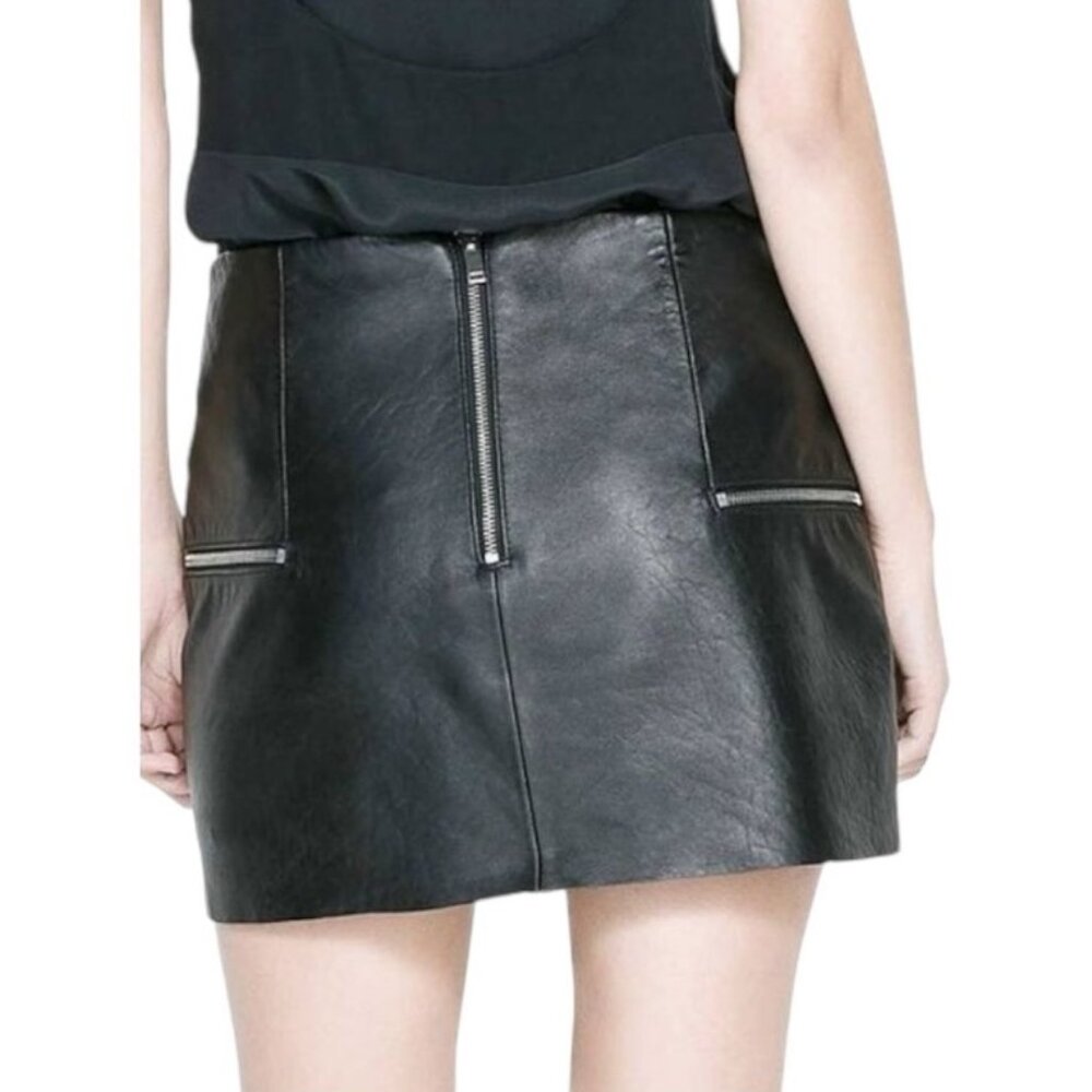 NWT - Zara - Black 100% Lambskin Leather Mini Skirt with Zipper Details - Medium - Picture 3 of 10